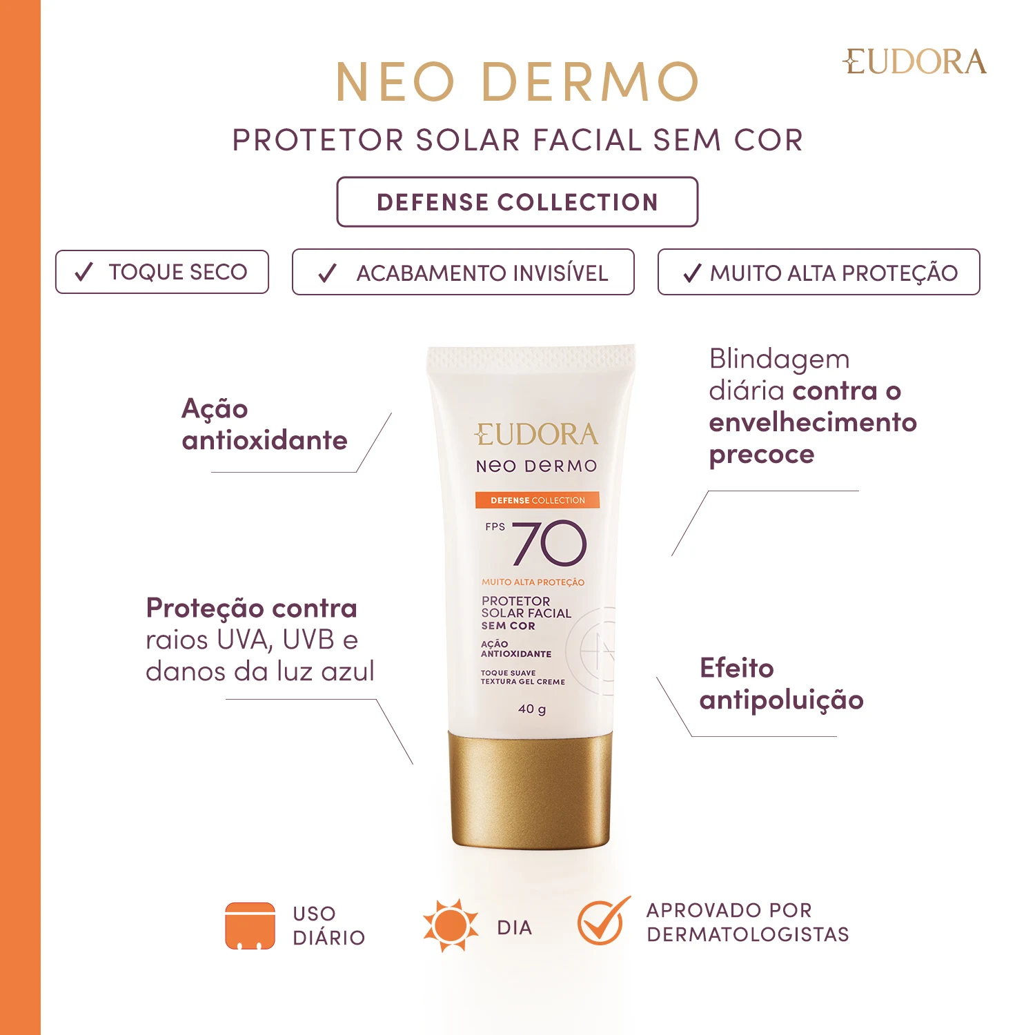 Protetor Solar Facial Sem Cor Neo Dermo Defense Collection Fps 70 40G 2