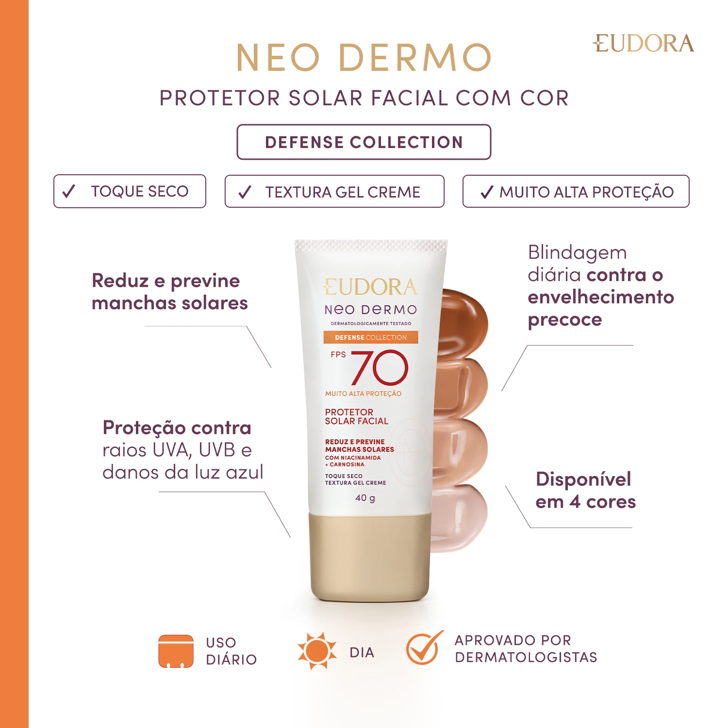 Protetor Solar Facial Com Cor Eudora Neo Dermo Fps 70 Cor 2 40Ml 2
